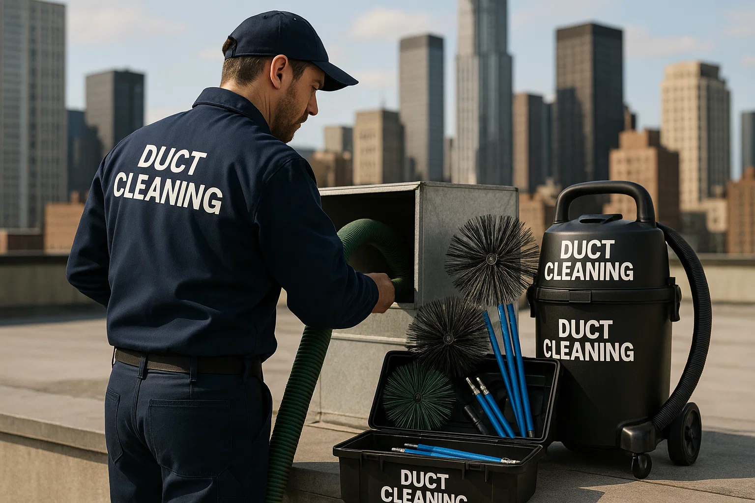 Professional duct cleaning service removing dust and debris from air vents to improve indoor air quality and HVAC efficiency.
