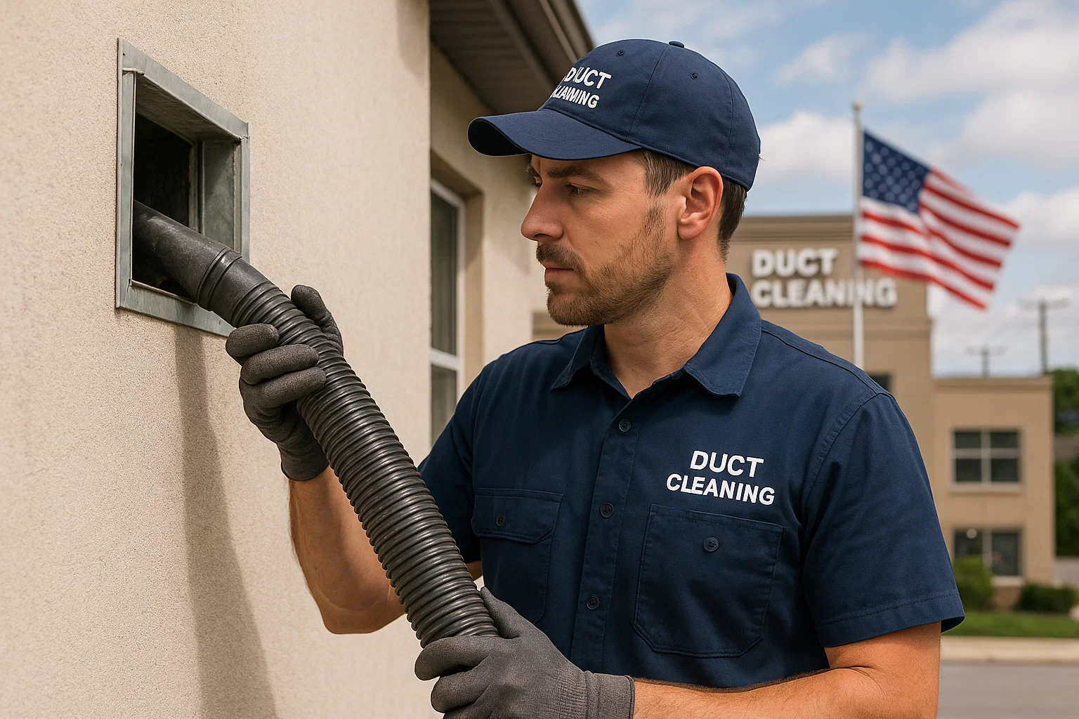A modern, clean banner design with the words ‘Duct Cleaning’ in bold, fresh typography. Blue and white color scheme, with subtle air flow and cleanliness icons.