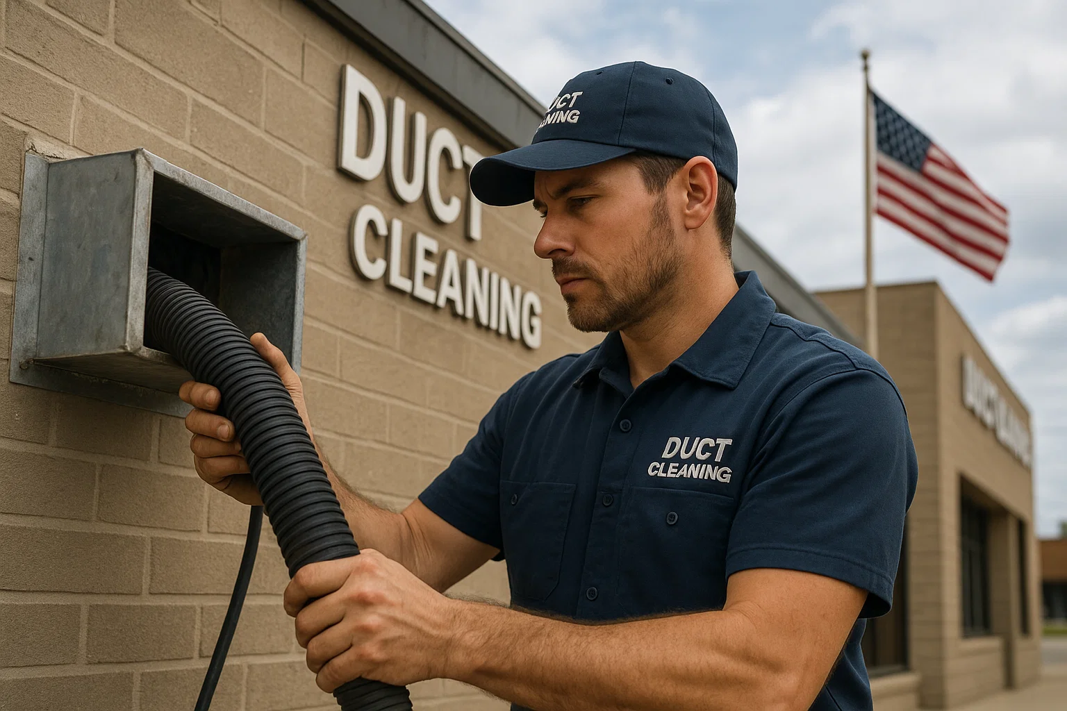 A modern, clean banner design with the words ‘Duct Cleaning’ in bold, fresh typography. Blue and white color scheme, with subtle air flow and cleanliness icons.