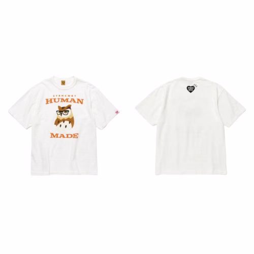 Human Made White Cotton T-Shirt with Brown Owl Print Graphic